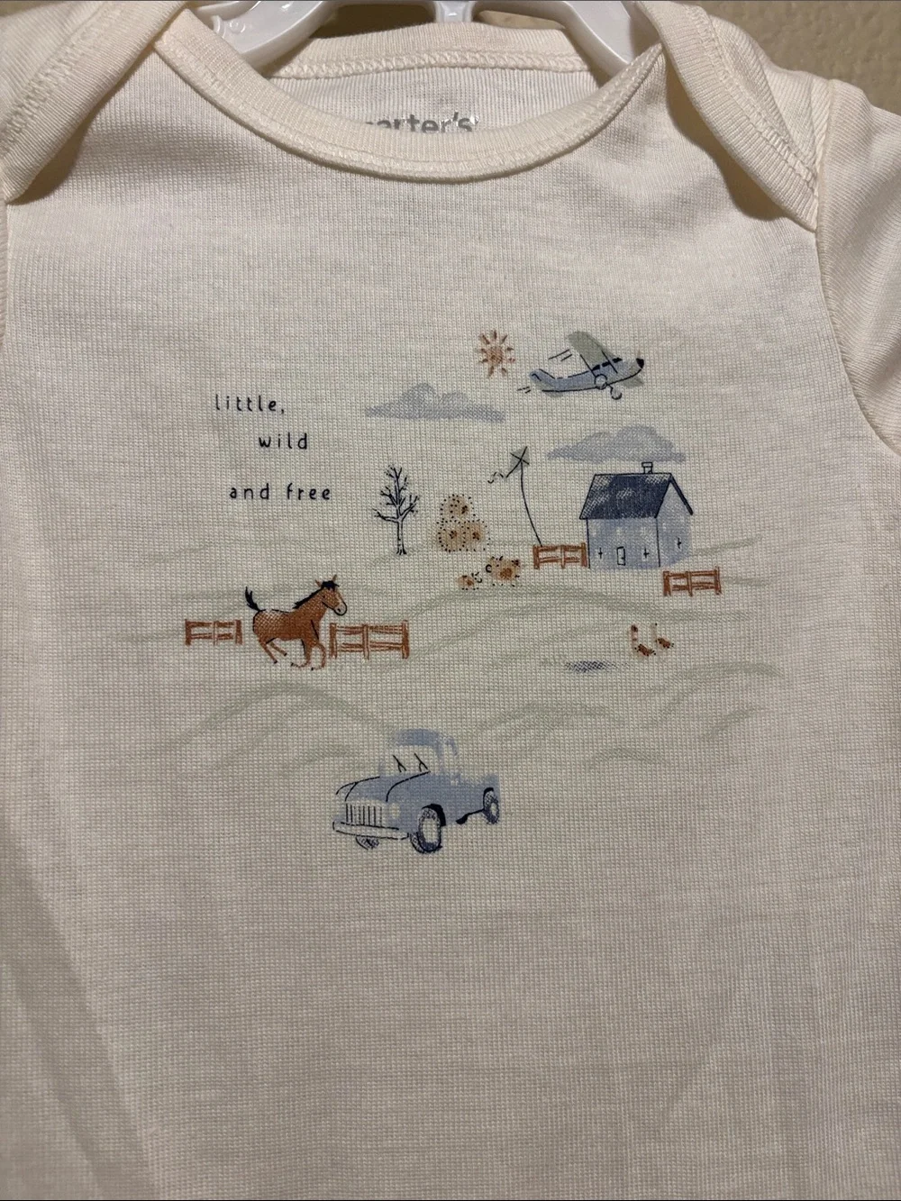 Carter's Cream & Blue Baby Three-Piece Set with Playful Farm Print